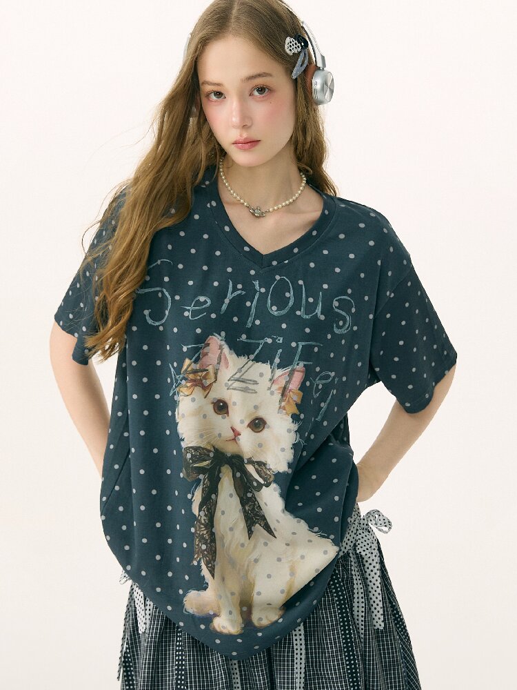 Loose Polka Dot Cat Print T-Shirt【s0000016856】