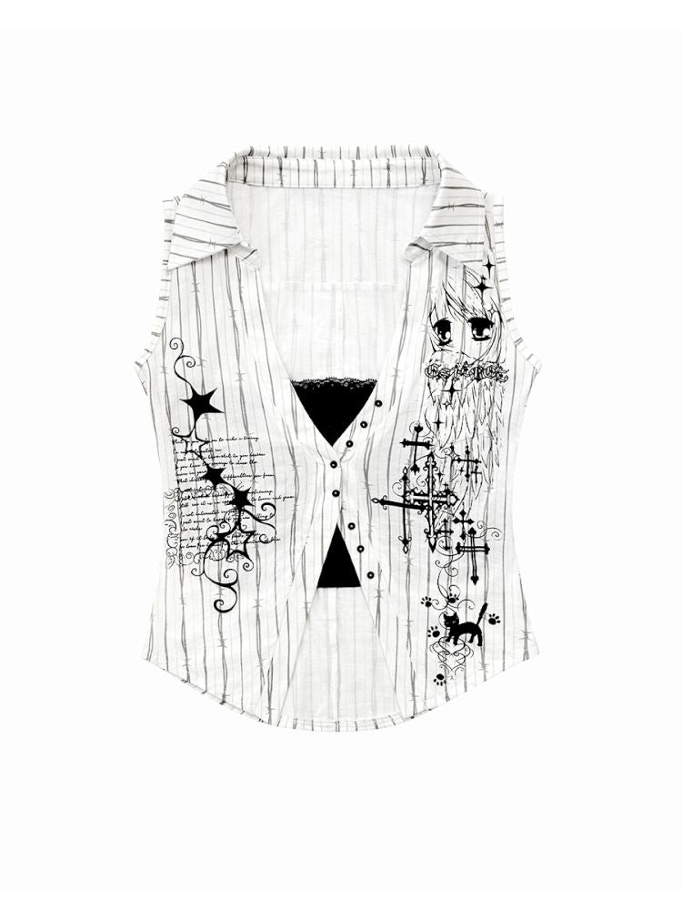 Doodle Print Fake Two Piece Shirt Vest【s0000013872】