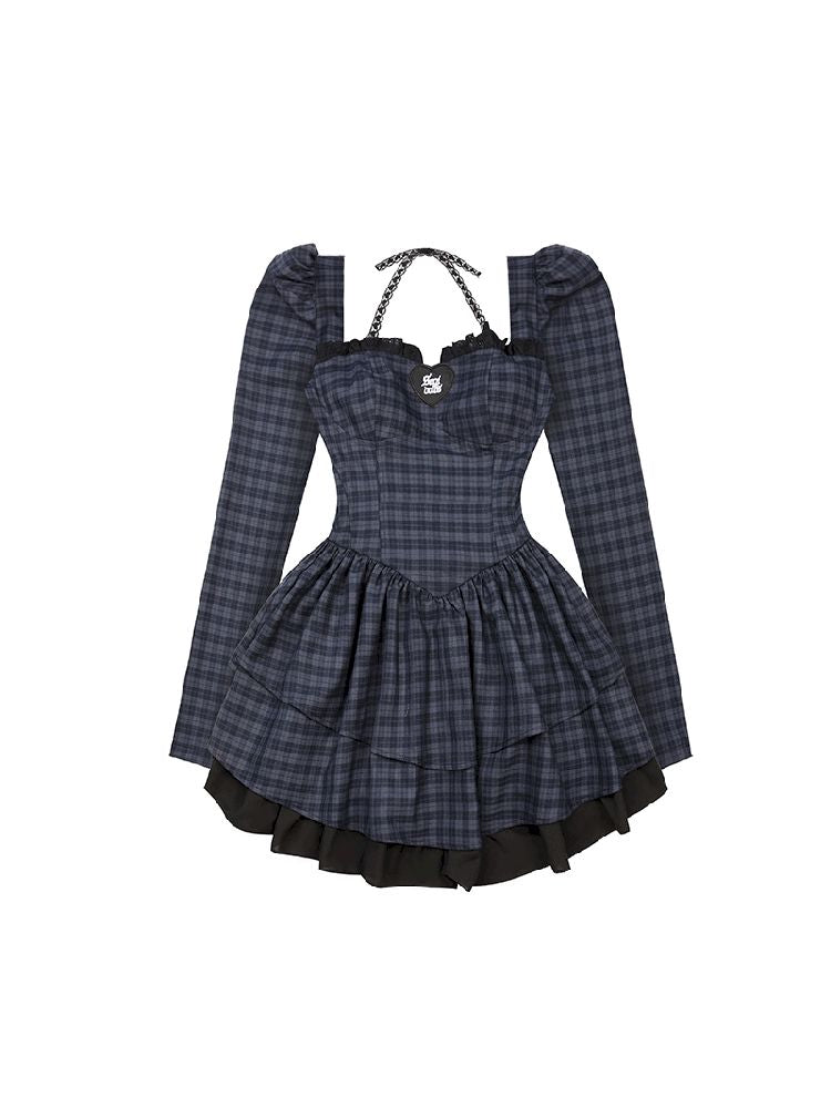 Check Neck Cake Dress【s0000011659】