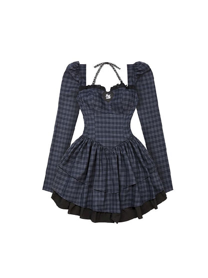 Check Neck Cake Dress【s0000011659】