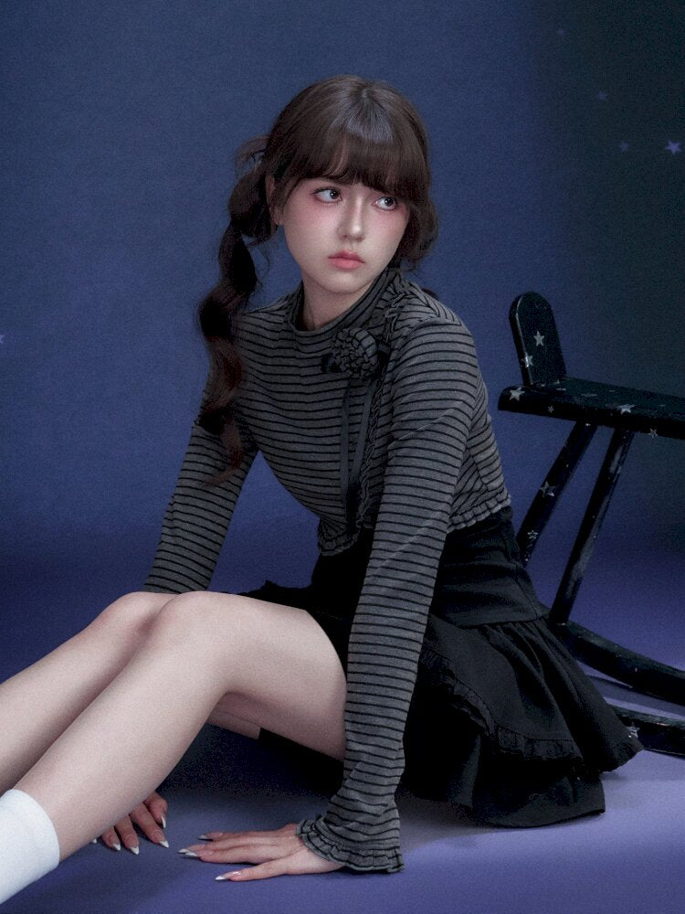 Rose Brooch Stripe Fake Two T-Shirt【s0000015443】