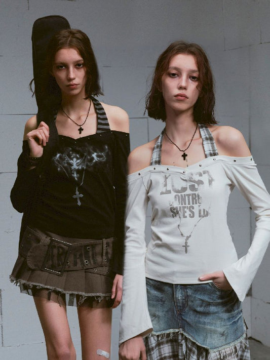 Hanging Neck Long Sleeve Tops【s0000011849】