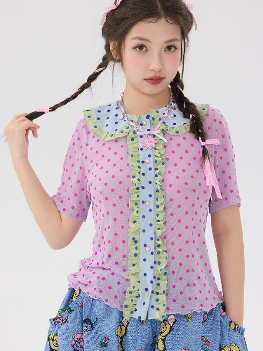 Flocked Polka Dot Lace Shirt【s0000016701】