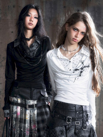 Plaid Tie-Dye Black Swing Neck Long Sleeve Blouse【s0000013887】