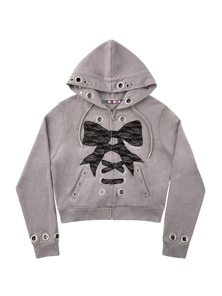 Lace Bow Rivet Distressed Jacket【s0000016495】