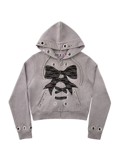 Lace Bow Rivet Distressed Jacket【s0000016495】