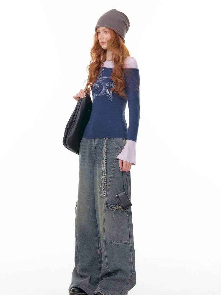 Star Print Dark Blue Long Sleeve T-Shirt【s0000014361】