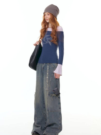 Star Print Dark Blue Long Sleeve T-Shirt【s0000014361】