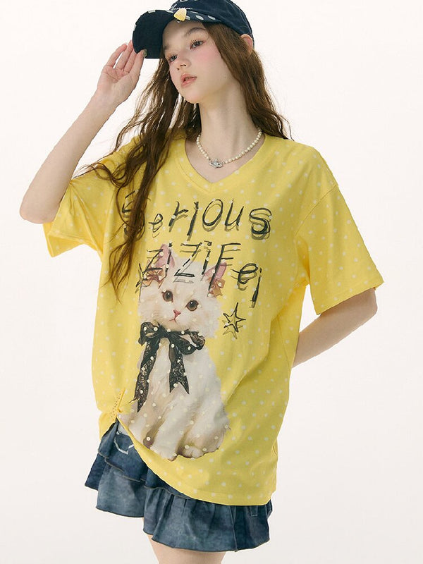 Loose Polka Dot Cat Print T-Shirt【s0000016857】