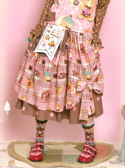 Embroidered Patch Design Bow Elastic Waist Skirt【s0000014515】