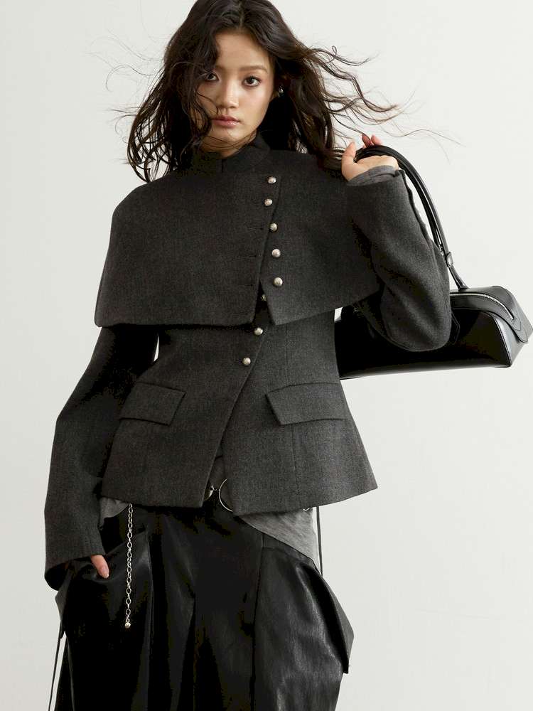 Removable Cape Gray Tweed Coat【s0000015192】