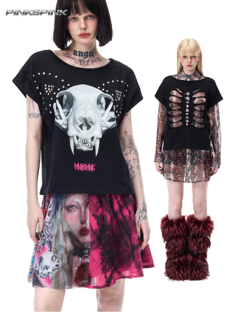 Cat Bone Print Riveted T-Shirt【s0000017714】