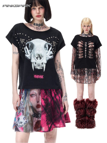 Cat Bone Print Riveted T-Shirt【s0000017714】