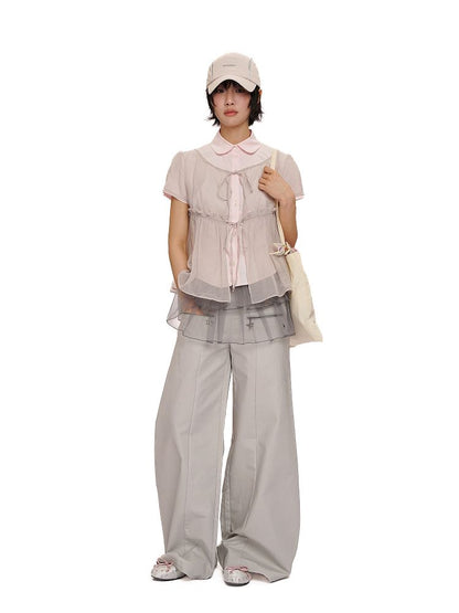 Lace Bottom Hem Slim Short Sleeve Shirt【s0000012487】