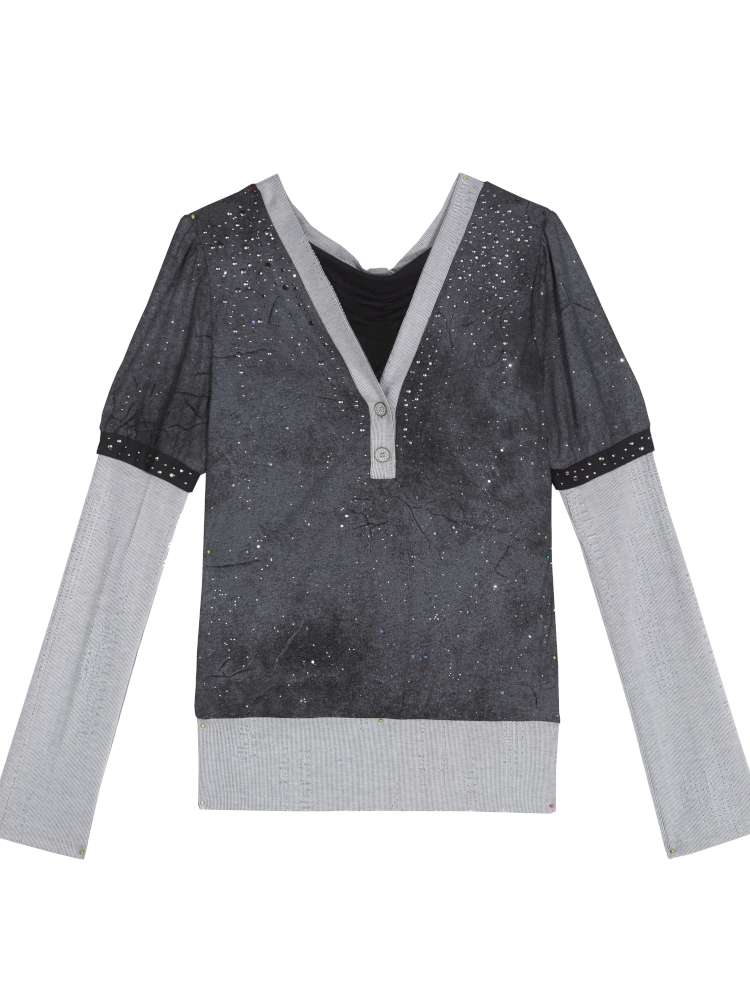 High-Stretch Printed Rhinestone Knit Top【s0000014490】