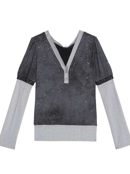 High-Stretch Printed Rhinestone Knit Top【s0000014490】