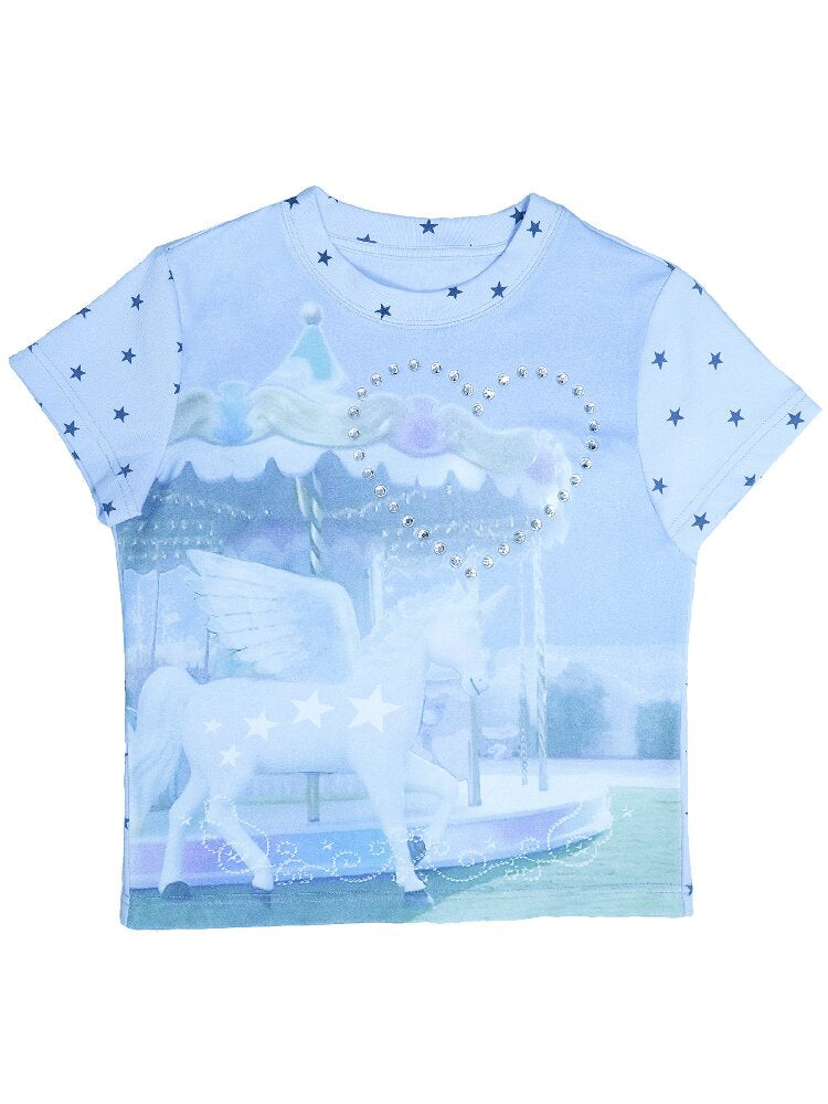 Rhinestone Unicorn Stitching Tee【s0000017132】