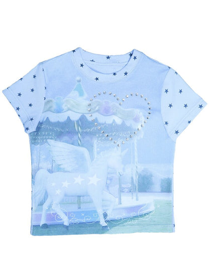 Rhinestone Unicorn Stitching Tee【s0000017132】