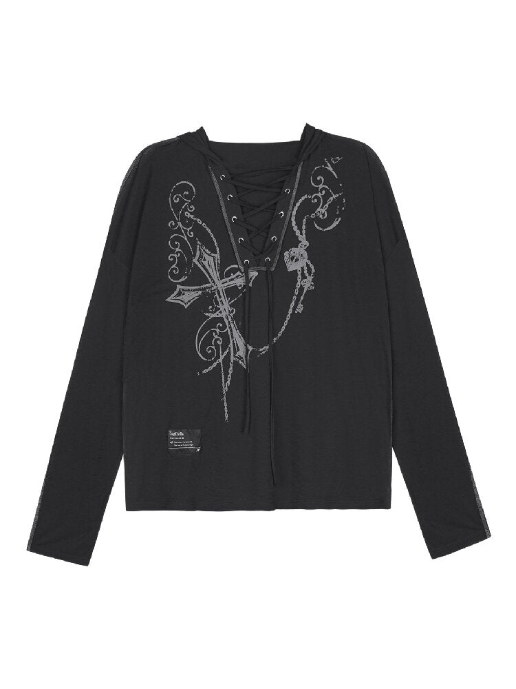 Dark Cross Print Strap Cardigan Hood【s0000017284】