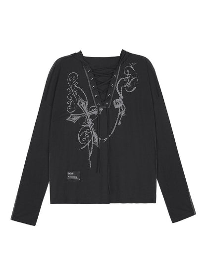 Dark Cross Print Strap Cardigan Hood【s0000017284】