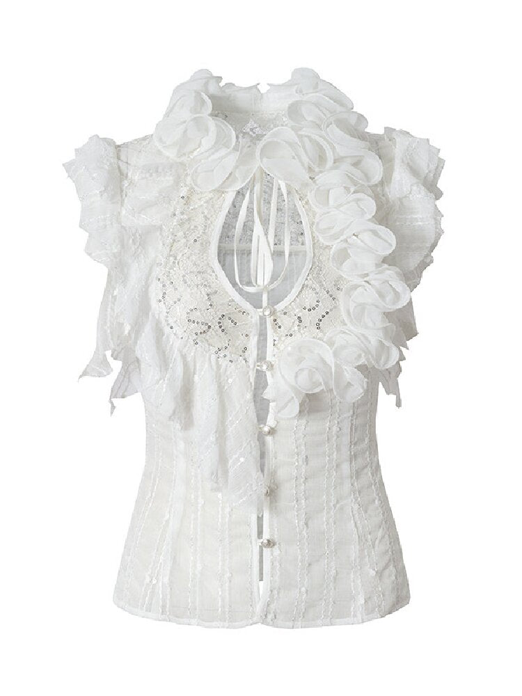 Ruffle Bead Patchwork Chiffon Shirt【s0000016981】