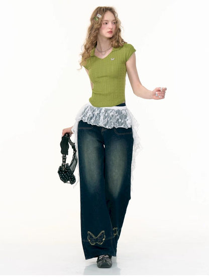 High-waisted thin straight wide-leg jeans【s0000013376】