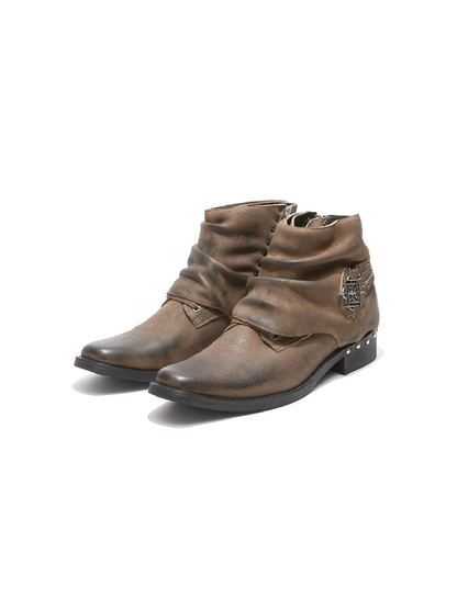 Waxed Leather Riveted Square Toe Boots【s0000019125】