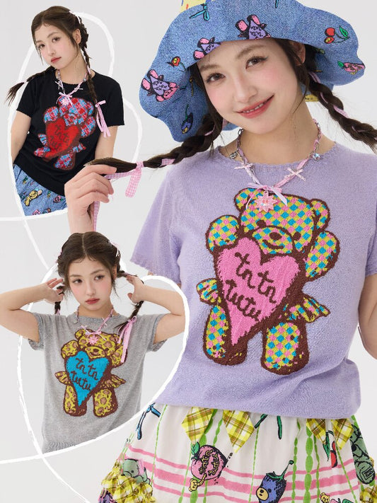 Three Color Bear Pattern Knitted Tops【s0000016700】
