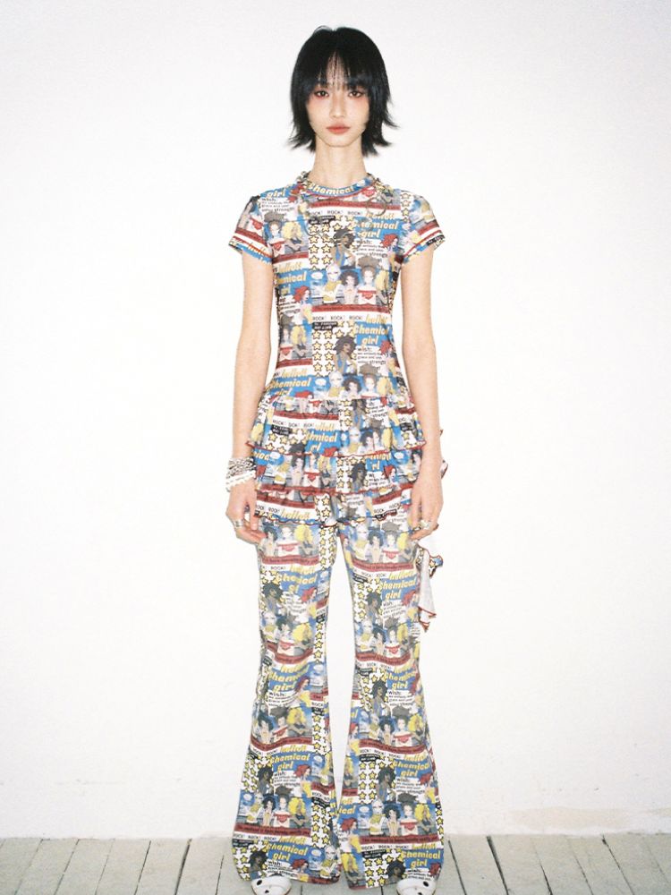 Full print manga micro flare pants【s0000012417】