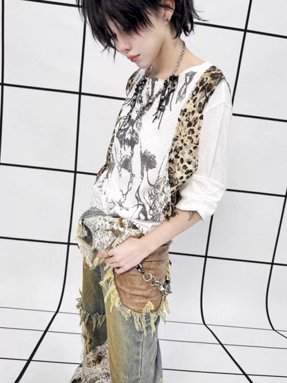Raw Edge Aged Printed False Two Piece T-Shirt【s0000013714】