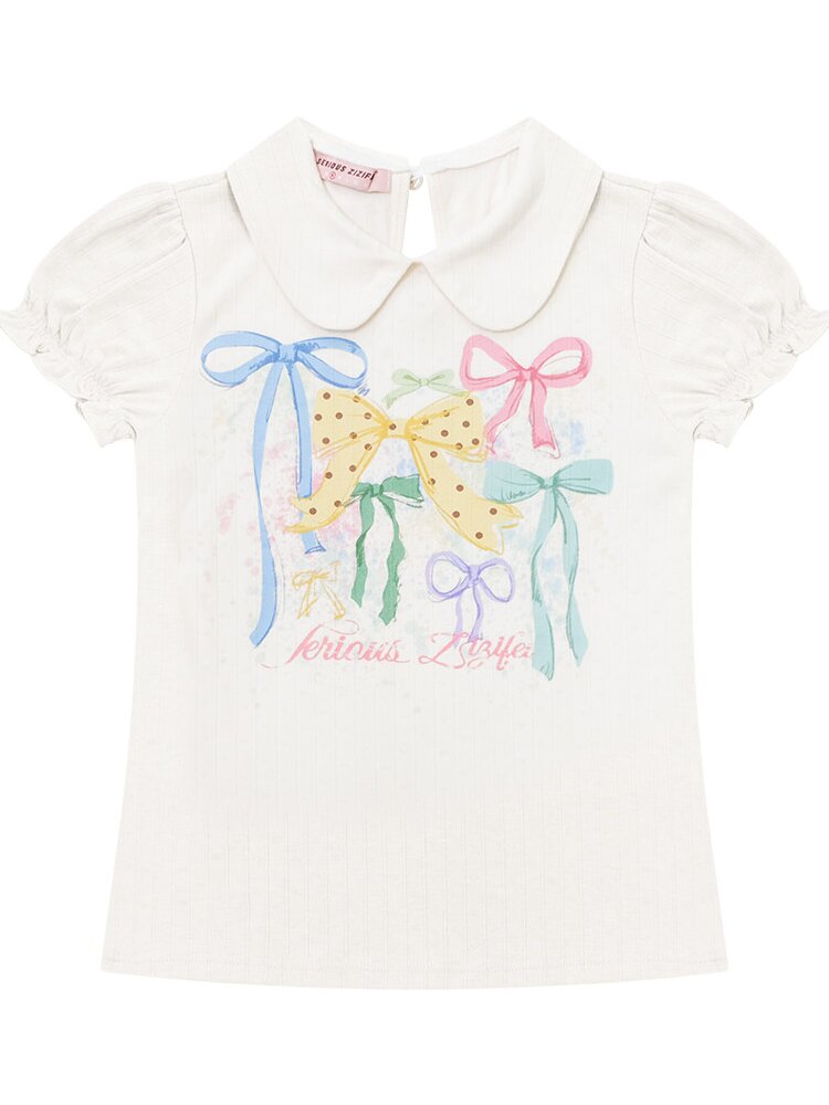 Puff Sleeve Bow Print T-Shirt【s0000016617】