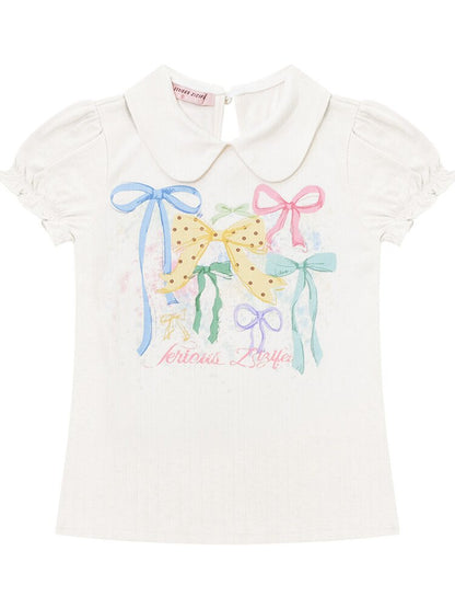 Puff Sleeve Bow Print T-Shirt【s0000016617】