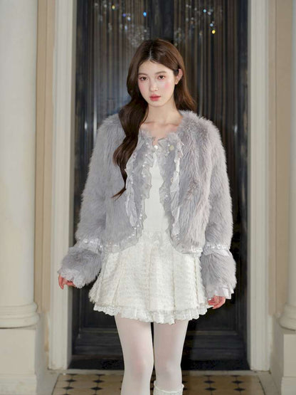 Gray Lotus Lace Bead Fur Jacket【s0000015049】