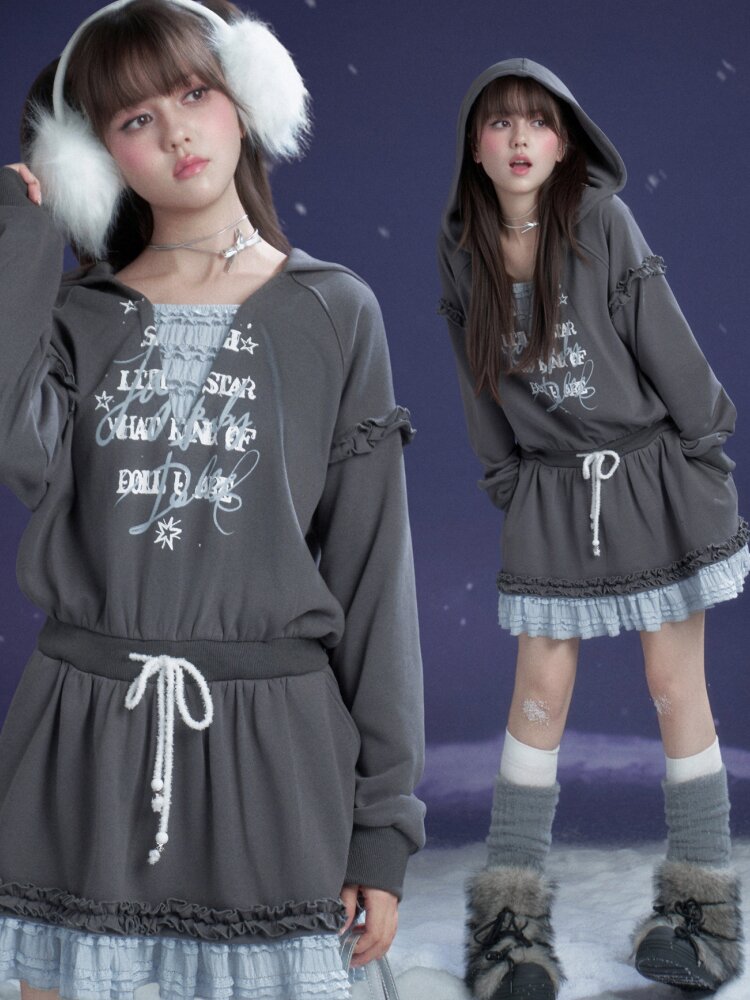 Gray Blue Print Lace Hoodie Dress【s0000015471】