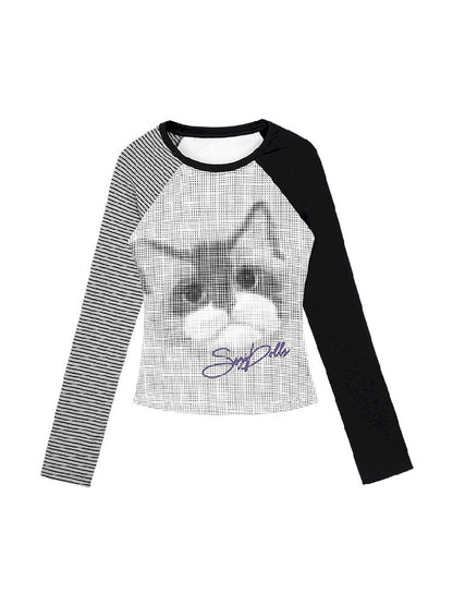 Long Sleeve Polka Dot Cat Printed T-Shirt【s0000011665】