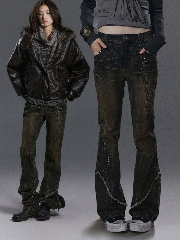 Riveted Distressed Dirty Dye Denim Pants【s0000019246】