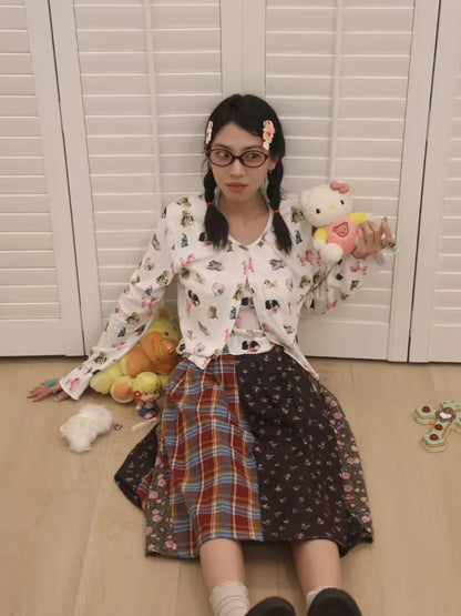 Plaid Floral Patchwork Pleated Skirt 【s0000013972】