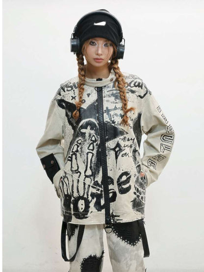 Old Printed Motorcycle Punk Thick Leather Jacket【s0000014829】