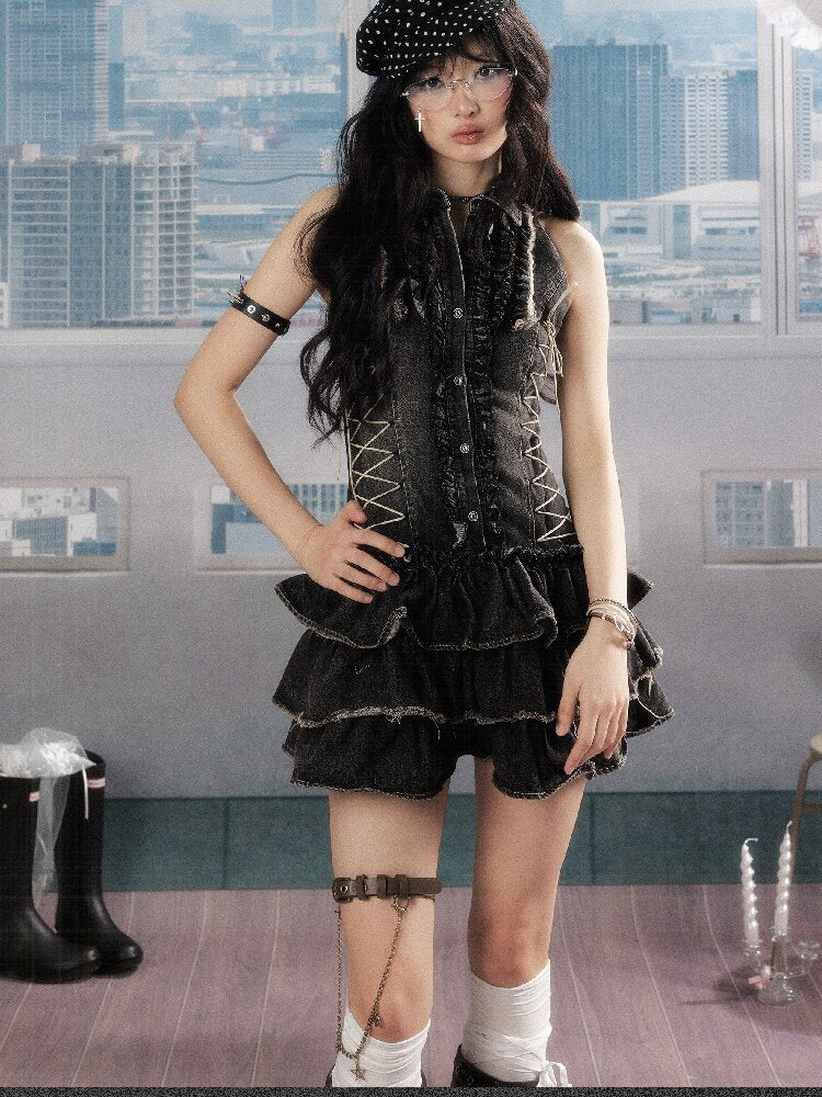 Plaid Ruffled Waist Black Dress【s0000016539】