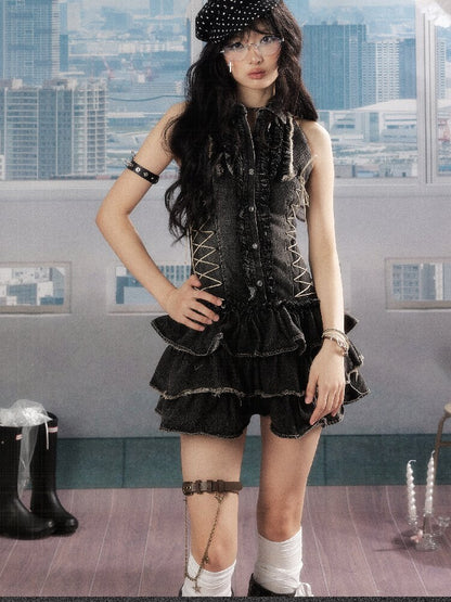 Plaid Ruffled Waist Black Dress【s0000016539】
