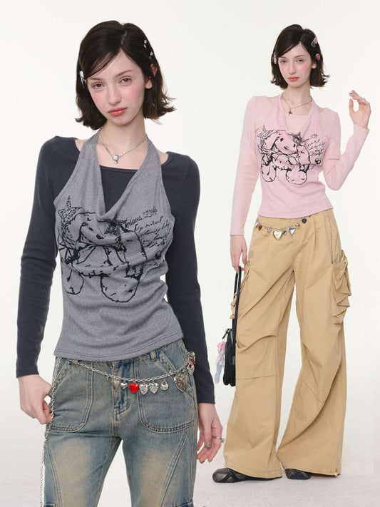 Rabbit Print Slim Halterneck Top【s0000015436】