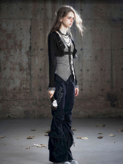 Hooded False Two Black Gray Knit Cardigan【s0000013890】