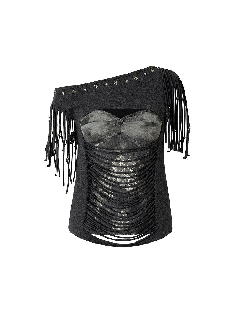 Patchwork Lace Fringe Slim T-Shirt【s0000016205】