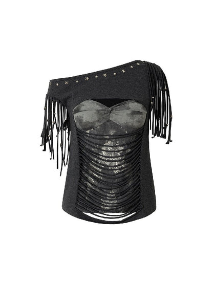 Patchwork Lace Fringe Slim T-Shirt【s0000016205】
