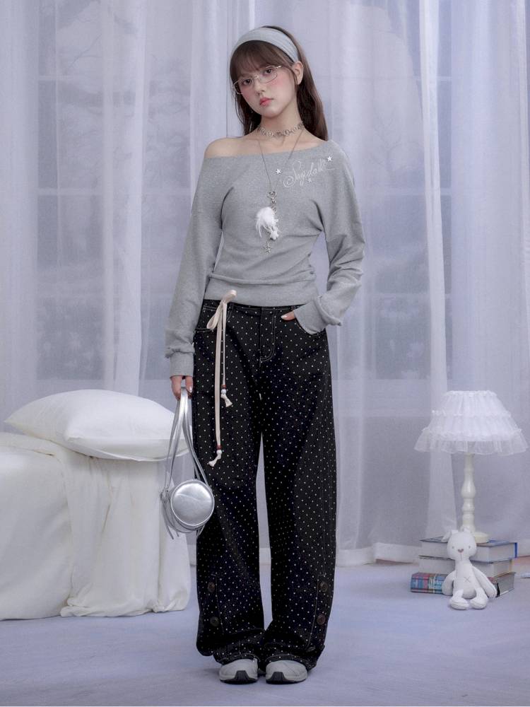 Gray slanted shoulder T-shirt【s0000014371】