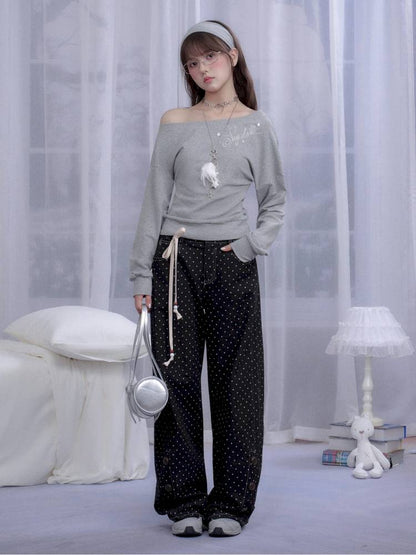 Gray slanted shoulder T-shirt【s0000014371】