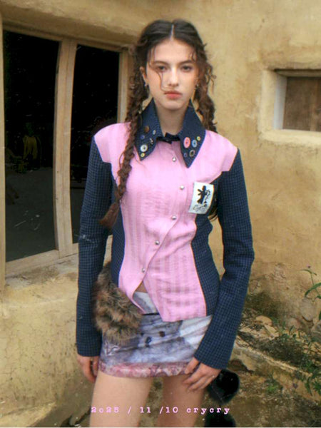 Pink Blue Plaid Multi-Button Shirt【s0000014897】