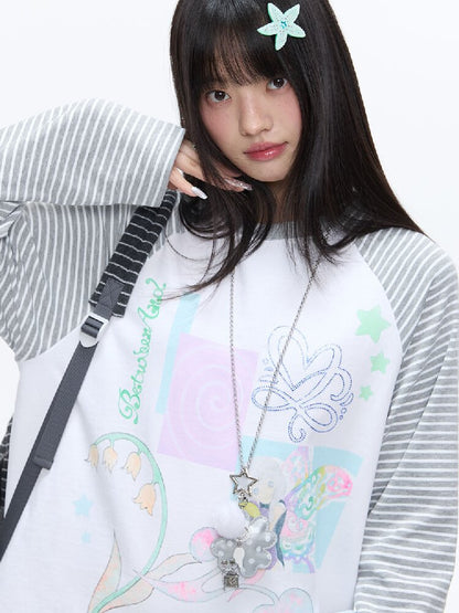 Loose Print Striped Raglan Top【s0000016378】