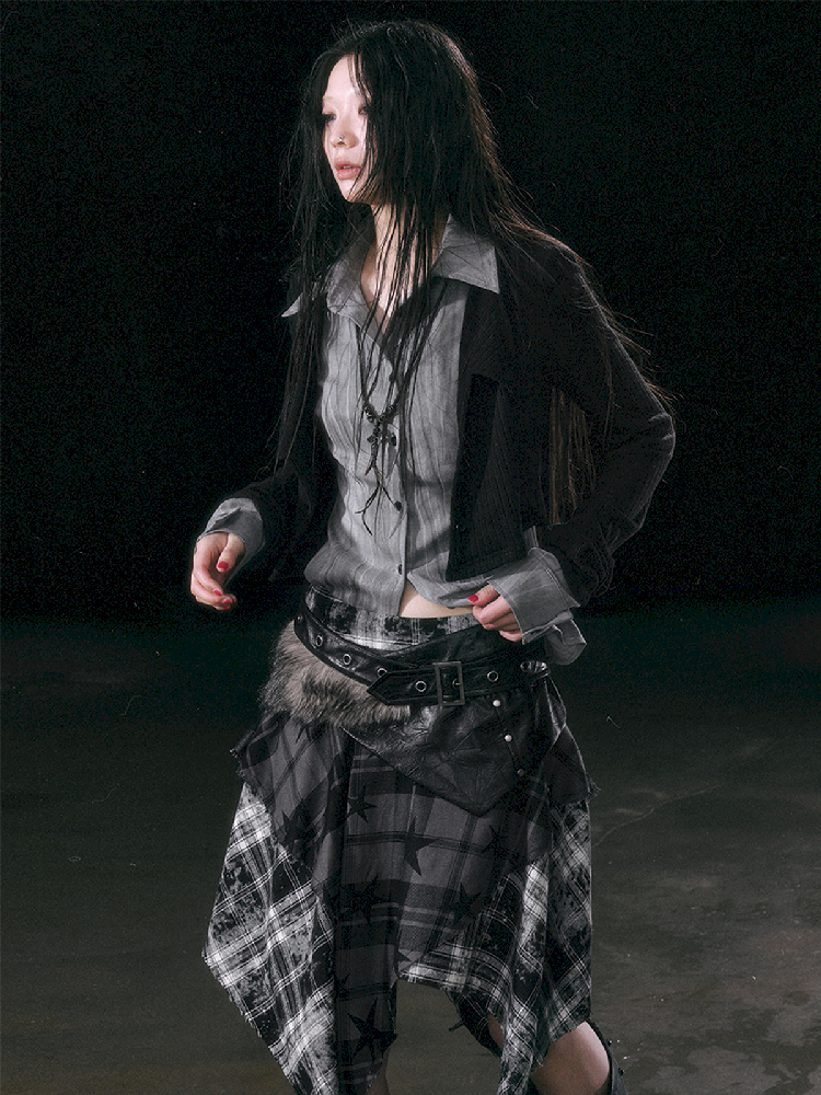 Star Plaid IRREGULAR RAW EDGE HALF SKIRT [S0000010750]