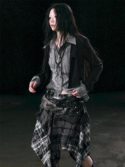 Star Plaid IRREGULAR RAW EDGE HALF SKIRT [S0000010750]